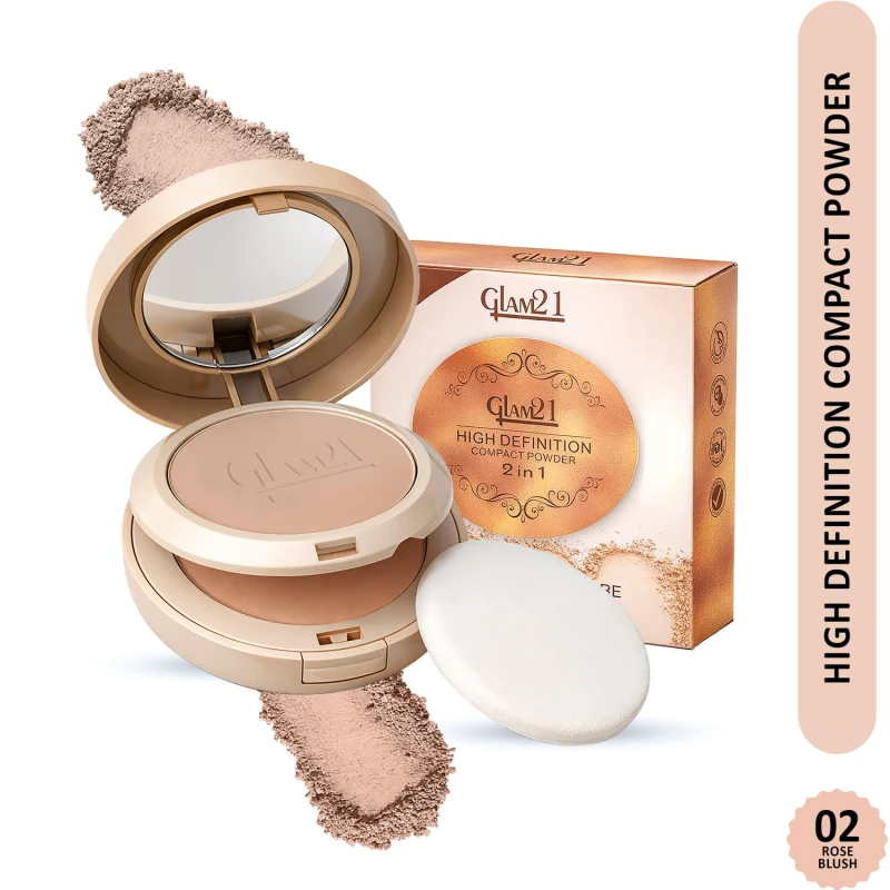 Glam21 High Definition Compact Powder 2-in-1 | Smooth Satin Texture | Long-Lasting Matte Finish | Oil-Control & Buildable Coverage | Suitable for All Skin Types | 18gm | Rose Blush-02 Makeup