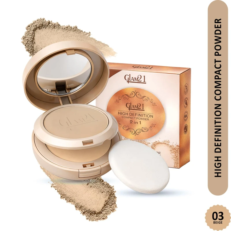 Glam21 High Definition Compact Powder 2-in-1 | Smooth Satin Texture | Long-Lasting Matte Finish | Oil-Control & Buildable Coverage | Suitable for All Skin Types| 18gm,Beige-03 Makeup