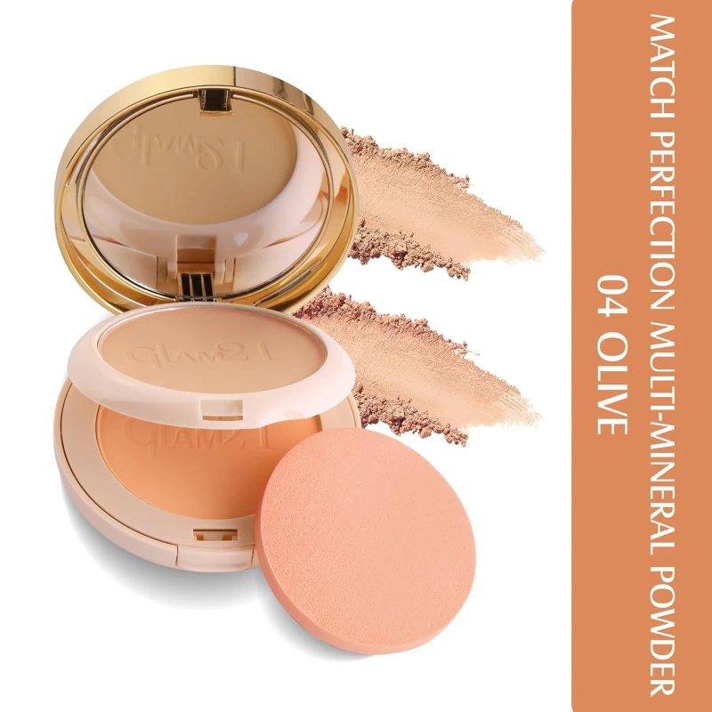 Glam21 Match Perfection Multi-Mineral 2-in-1 Compact Powder| Instant Glow Oil Free Velvety Formulation | Longlasting Matte Finish| Natural (Olive - 04) Makeup