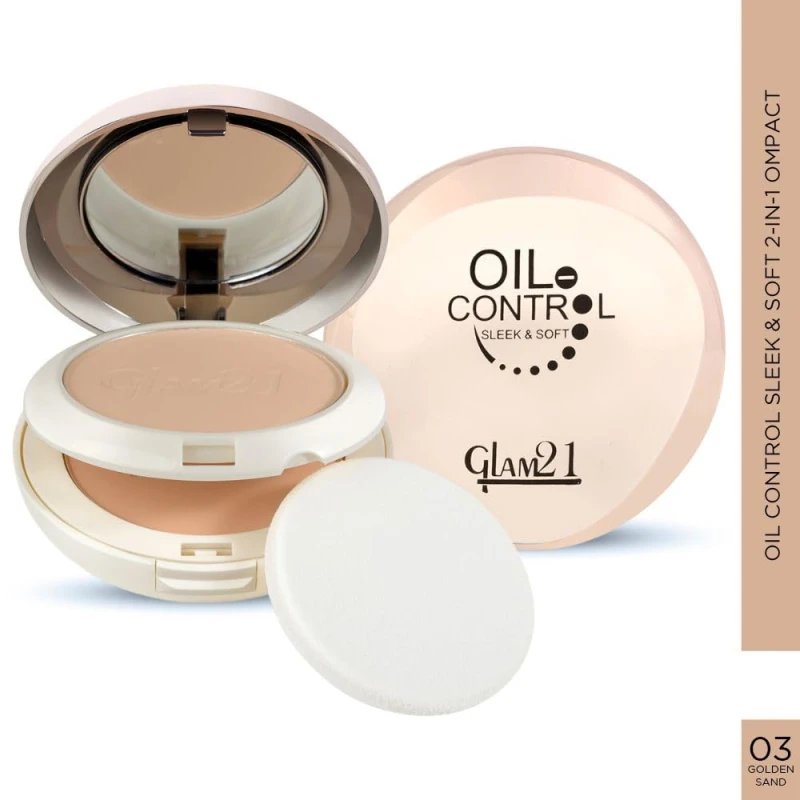Glam21 Oil Control Sleek & Soft 2-in-1 Compact Powder | Sweat & Waterproof | Long-Lasting Matte Makeup | Enriched with Vitamins E & C | Shine-Free Finish | 18gm, Golden Sand-03 Makeup