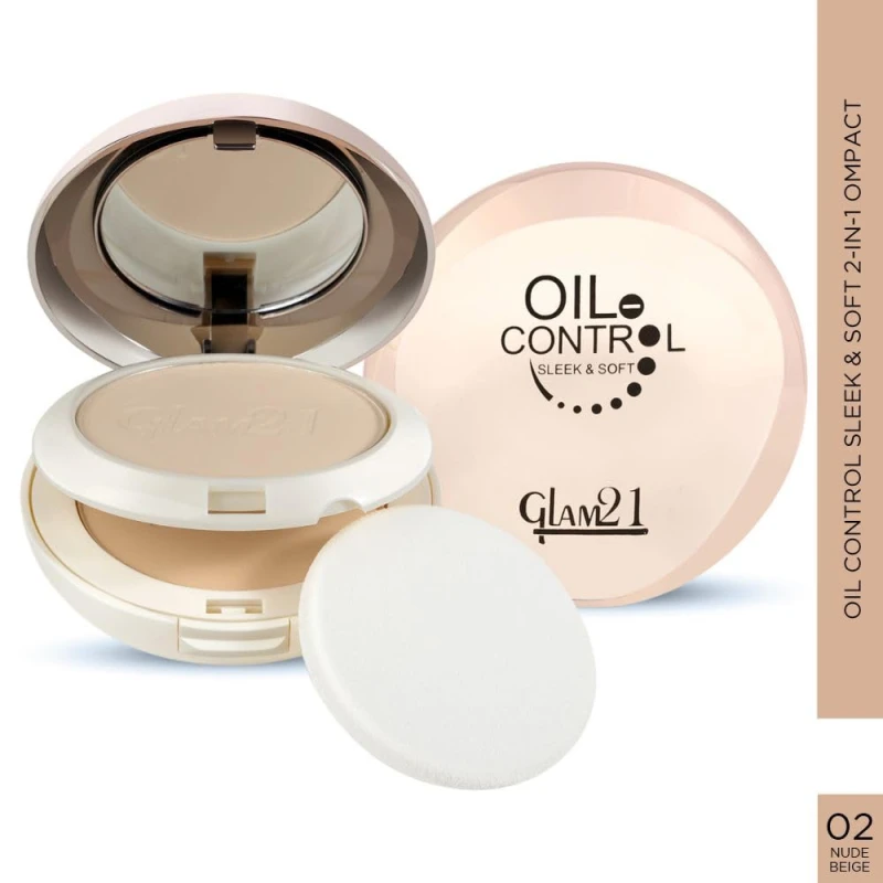 Glam21 Oil Control Sleek & Soft 2-in-1 Compact Powder | Sweat & Waterproof | Long-Lasting Matte Makeup | Enriched with Vitamins E & C | Shine-Free Finish | 18gm, Nude Beige-02 Makeup