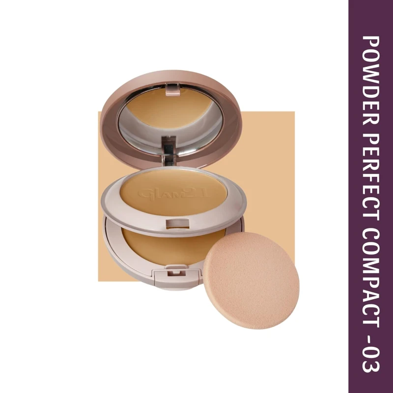 Glam21 Powder Perfect Complexion 2-in-1 Compact 24gm with Oil Control formula | Sweatproof | Flowy Matte Finish | Latte-03 Makeup