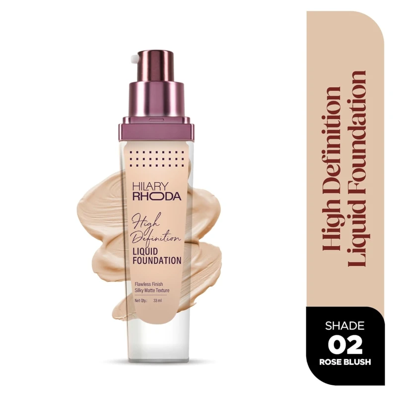 Hilary Rhoda High Definition Foundation for Women | Hides Pores & Blemishes | HD Foundation For All Skin Types | Blendable Formula | Natural & Matte Finish | High Coverage Liquid Foundation - 33ml (Rose Blush - Shade 02) — Makeup — Hilary Rhoda | colourheart