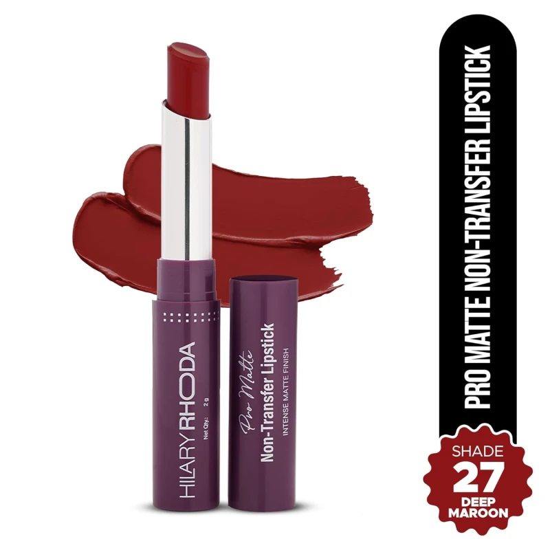 Hilary Rhoda Pro Matte Non-Transfer Lipstick | Waterproof & Non-Transfer Lipstick | 12-Hour Long Stay | Smudge-Proof | Highly Pigmented Matte Finish Lipstick | 2g (Deep Maroon - Shade 27) Makeup