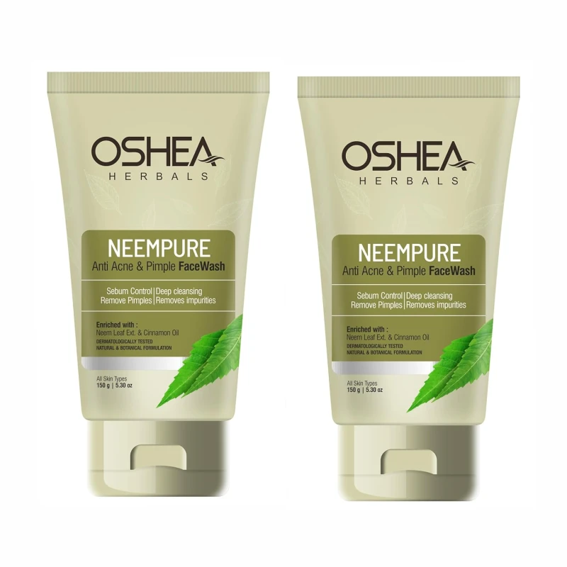 Oshea Herbals Neempure Anti Acne & Pimple Facewash for Women & Men | Controls Sebum with Deep Cleansing | Reduces Pimples & Blemish Free Skin | Enriched with Neem Extract & Cinnamon Oil (Pack of 2)150g Skincare
