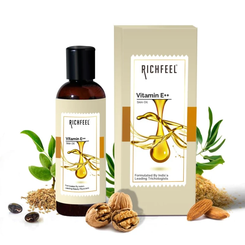 Richfeel Vitamin E Oil | Blend of Almond, Wheatgerm, Walnut & Carrot Oils | Physician Formulated | Antioxidant | Fight Dullness, Damage & Ageing of Skin | Anti-Stretch Marks and Scars | 80 ML FACE SERUM