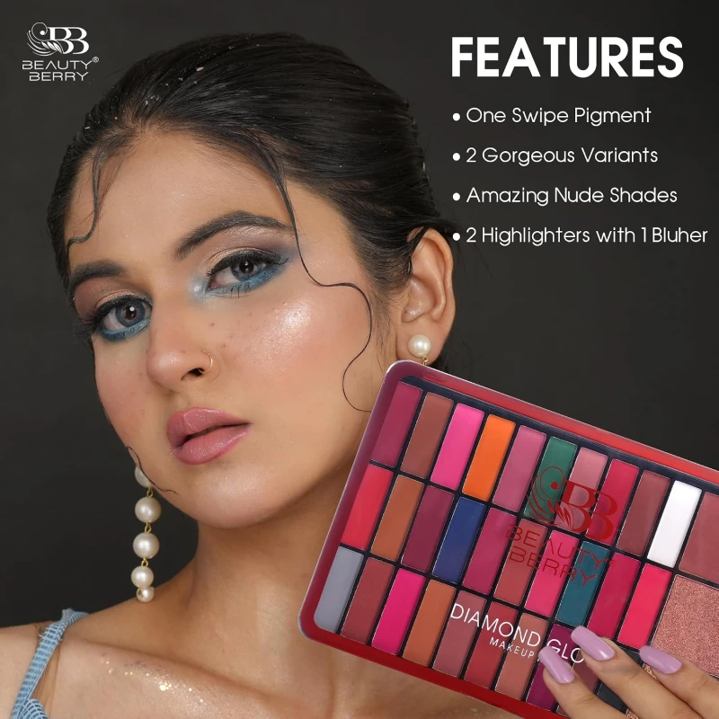 Beauty Berry Diamond Glow Makeup and Eyeshadow Kit | 30 Highly Pigmented Matte Eyeshadows with 2 Highlighters and 1 Blusher | Easily Blendable &amp; Long Wearing Eyeshadow Palette (Shade - 02) thumbnail 2