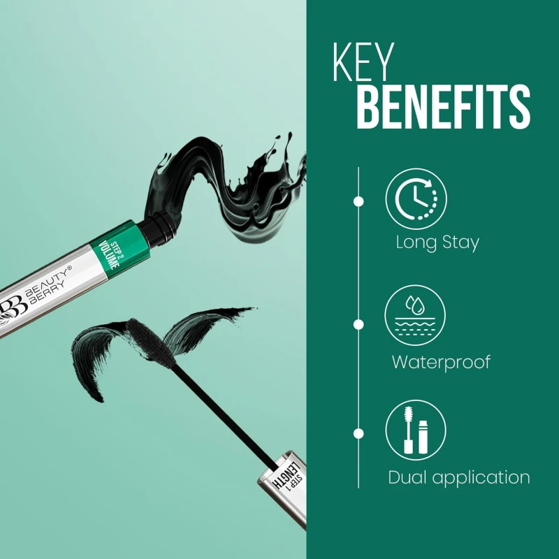 Beauty Berry Twin Turbo Volumizing and Lengthening Mascara – Black, 15ml | Long Lasting, Lightweight, Quick Drying, Smudge Proof &amp; Waterproof | 2-in-1 Mascara for Women (15ml) thumbnail 3