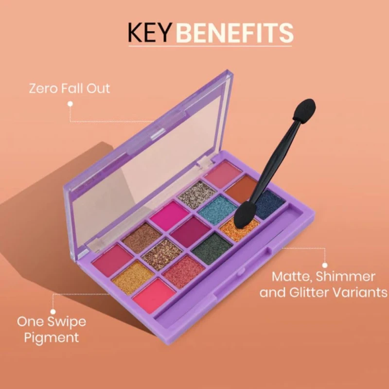 BeautyBerry Wallet Queen Eyeshadow Palette Kit – 15 Highly Pigmented Matte, Shimmer &amp; Glitter Shades, Travel-Friendly Makeup Palette &amp; Applicator Brush for Women (Shimmer) thumbnail 3
