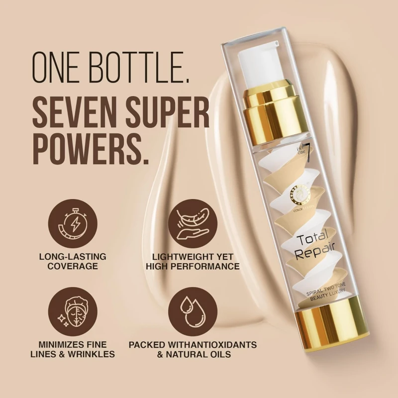 Colors Queen 7 in 1 Total Repair Liquid Foundation | Full Coverage, Oil Free Foundation Comes with Primer, Concealer, Moisturizer, CC Cream for Smooth and Radiant Skin | For Face Makeup (02 - Beige, 50g) thumbnail 3