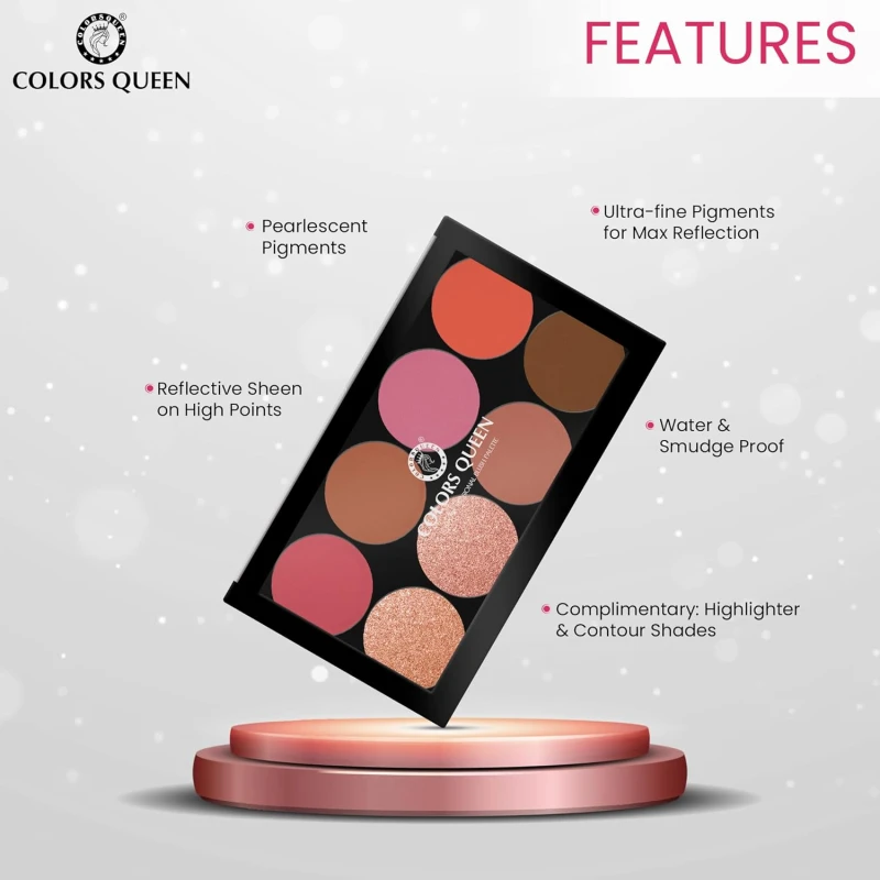 Colors Queen Ultra Professional Blush Palette with Shimmer Highlighters and Contour | Highly Pigmented &amp; Easy to Blendable Shades | Lightweight Blush and Highlighter Palette (Shade - 02) thumbnail 3