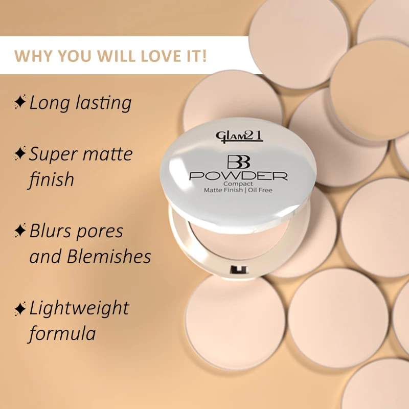 Glam21 BB Powder 2-in-1 Compact Powder Matte Finish &amp; Oil Free | Matte &amp; Shimmer Shades | Instant Weightless Finish Look | Long-lasting | Poreless Soft Skin | 20gm, Natural-02 thumbnail 3