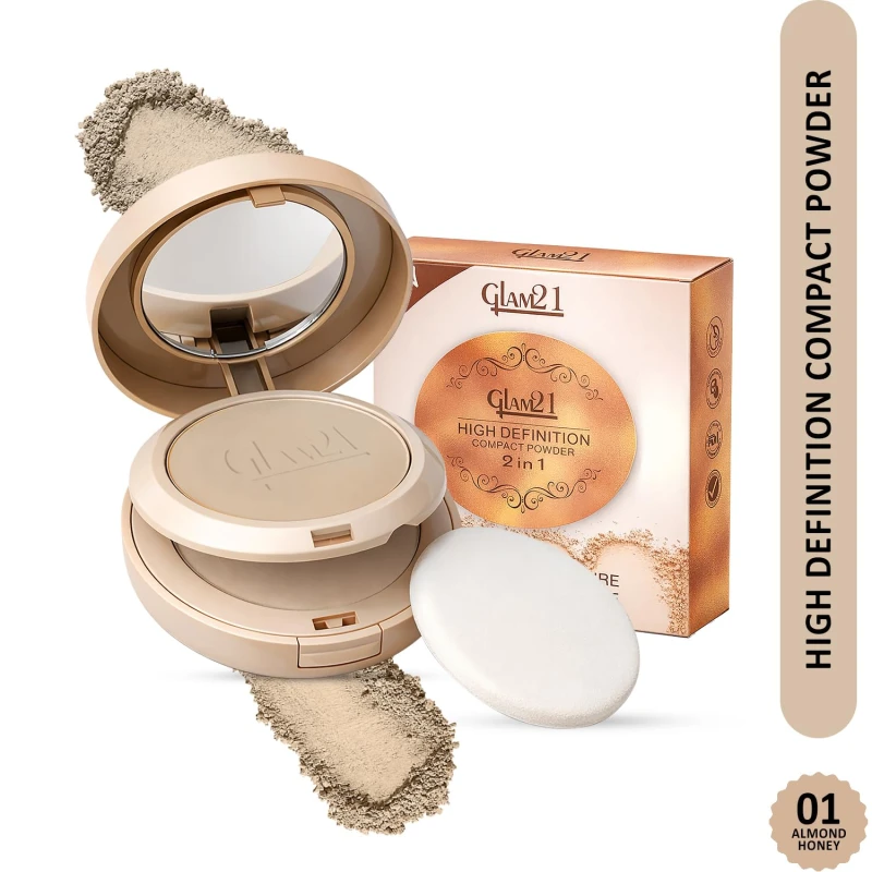 Glam21 High Definition Compact Powder 2-in-1 | Smooth Satin Texture | Long-Lasting Matte Finish | Oil-Control &amp; Buildable Coverage | Suitable for All Skin Types | 18gm, Almond Honey-01 thumbnail 2
