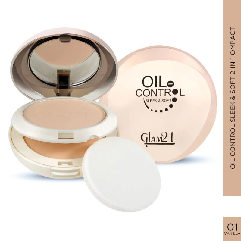 Glam21 Oil Control Sleek &amp; Soft 2-in-1 Compact Powder | Sweat &amp; Waterproof | Long-Lasting Matte Makeup | Enriched with Vitamins E &amp; C | Shine-Free Finish | 18gm, Vanila-01 thumbnail 2