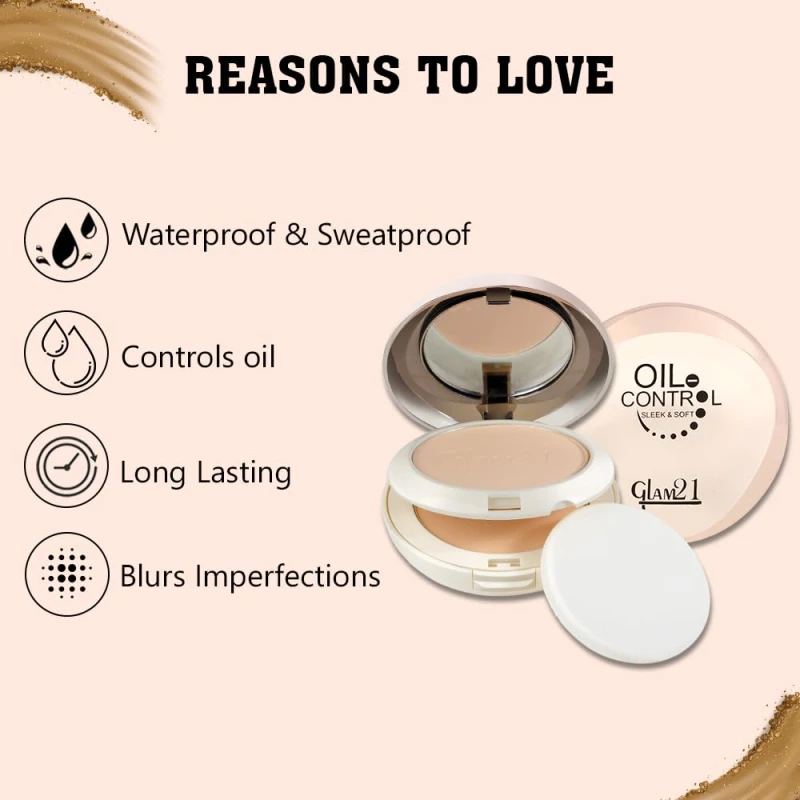 Glam21 Oil Control Sleek &amp; Soft 2-in-1 Compact Powder | Sweat &amp; Waterproof | Long-Lasting Matte Makeup | Enriched with Vitamins E &amp; C | Shine-Free Finish | 18gm, Vanila-01 thumbnail 3