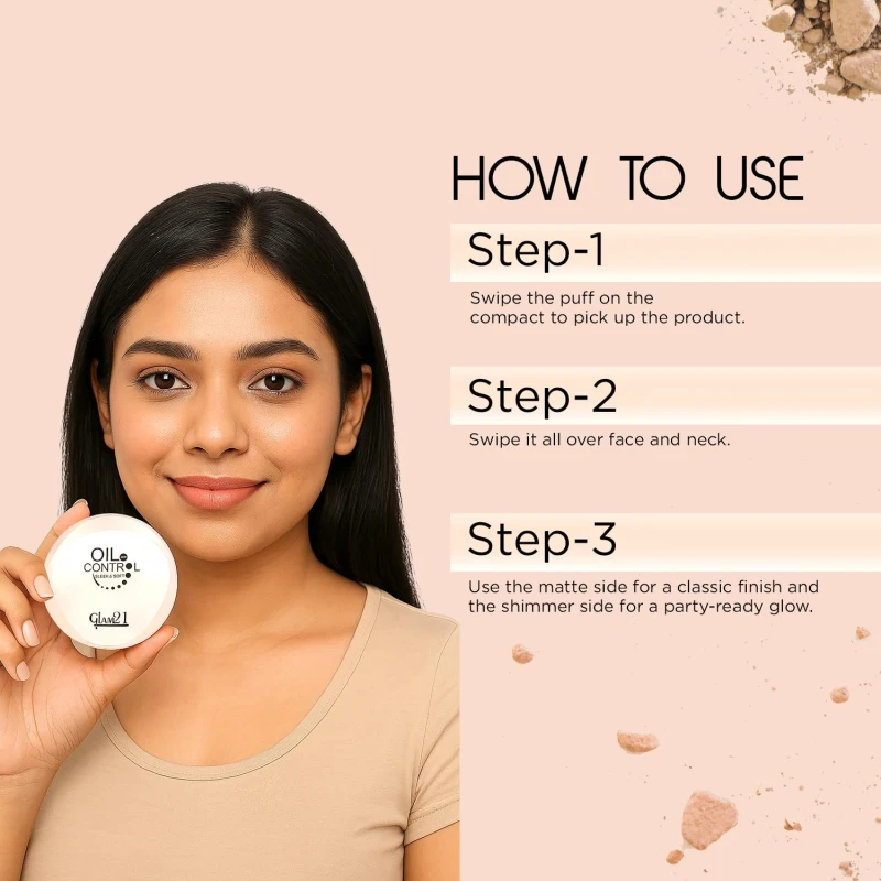 Glam21 Oil Control Sleek &amp; Soft 2-in-1 Compact Powder | Sweat &amp; Waterproof | Long-Lasting Matte Makeup | Enriched with Vitamins E &amp; C | Shine-Free Finish | 18gm, Vanila-01 thumbnail 5