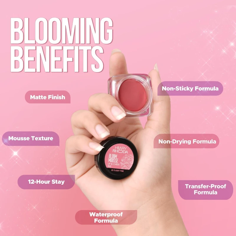 Hilary Rhoda Bloom Mousse Lip N Cheek Tint | Waterproof &amp; Smudge-Proof | 12-Hour Stay | Non-Drying Formula | Mousse Texture | Matte Finish - 6g (Flashy Pink - Shade 03) thumbnail 5