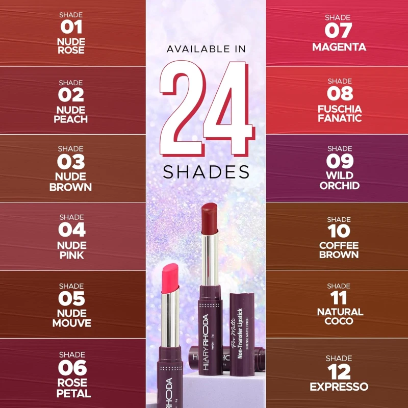 Hilary Rhoda Pro Matte Non-Transfer Lipstick | Waterproof &amp; Smudge-Proof | 12-Hour Long Stay | 24 Shades Available | Highly Pigmented Matte Finish Lipstick | 2g - (Red Wine | Shade 20) thumbnail 6
