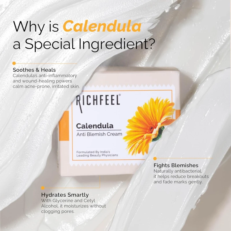 Richfeel Calendula Anti Blemish Overnight Cream | Power of Soothing Calendula &amp; Clinically Potent Echinacea | For Skin prone to Acne, Blemishes &amp; Scars | Physician Formulated 50g – Pack of 2 thumbnail 5