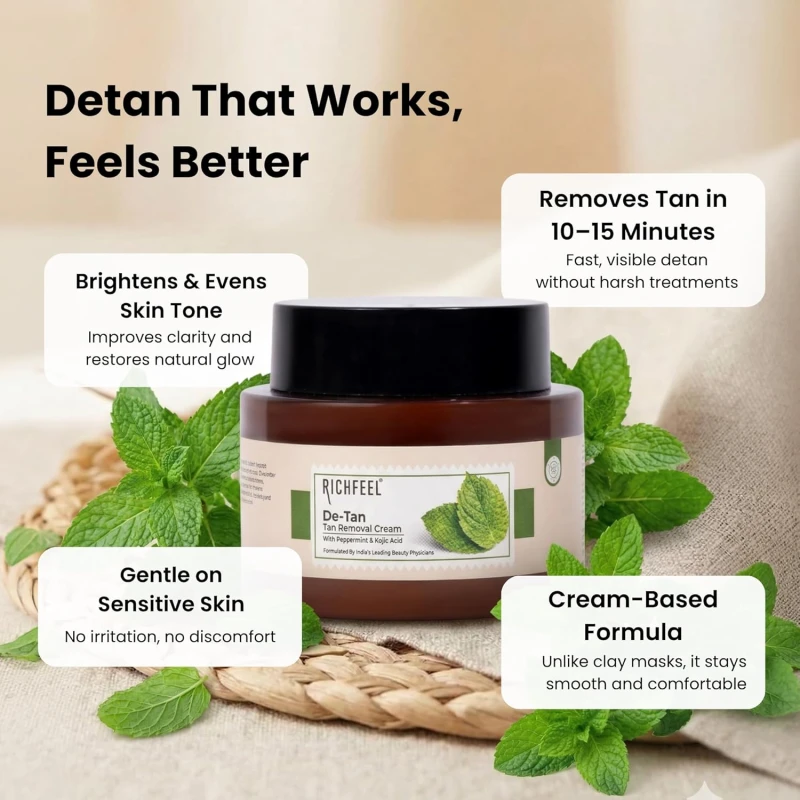 Richfeel De-tan Cream | Natural Skin Tan Removal with Peppermint, Honey, and Cucumber |Ayurvedic and Organically Pure| Tan Removal Face Pack for All Skin Types| 100 g (Pack of 2) thumbnail 5