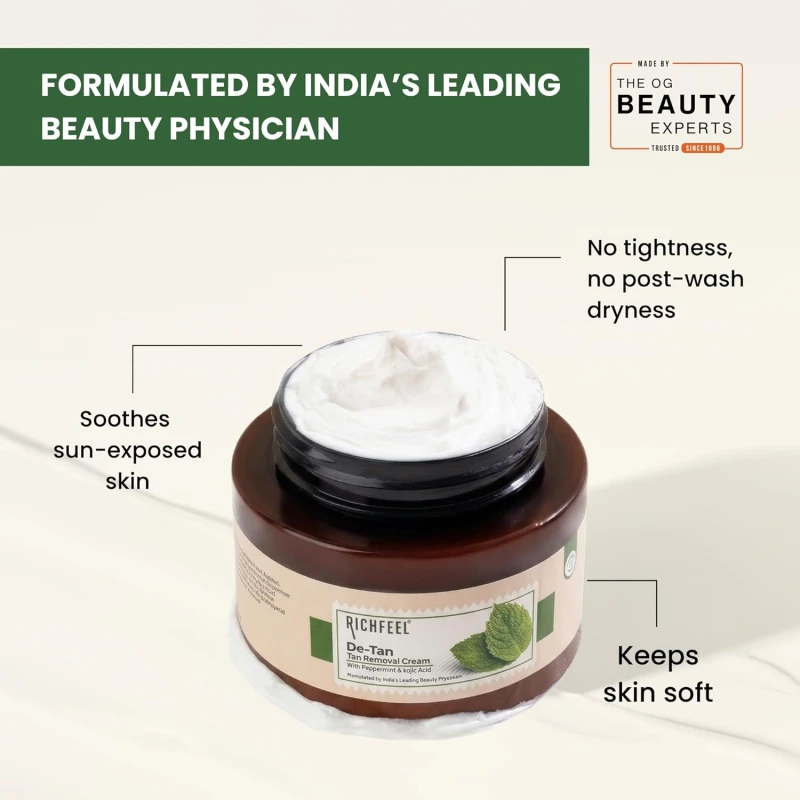 Richfeel De-tan Cream | Natural Skin Tan Removal with Peppermint, Honey, and Cucumber |Ayurvedic and Organically Pure| Tan Removal Face Pack for All Skin Types| 100 g (Pack of 2) thumbnail 8