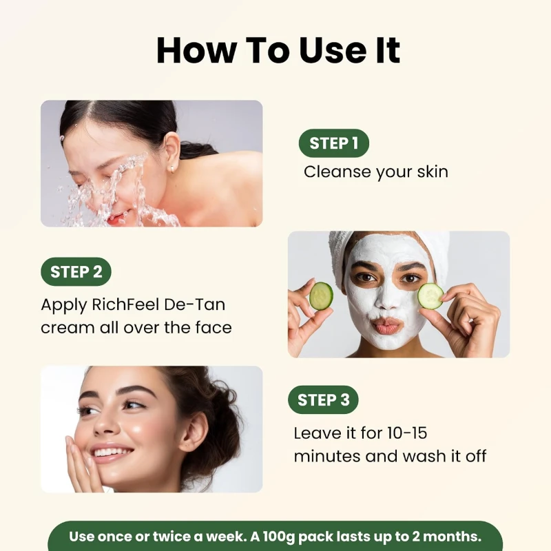 Richfeel De-tan Cream | Natural Skin Tan Removal with Peppermint, Honey, and Cucumber |Ayurvedic and Organically Pure| Tan Removal Face Pack for All Skin Types| 100 g (Pack of 2) thumbnail 10