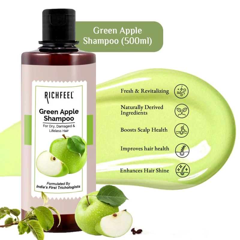 Richfeel Green Apple Shampoo For Dry &amp; Damaged Hair | Anti Dandruff | Promotes Healthy, Shiny and Glossy Hair | Nourishes Scalp | Makes Hair Soft &amp; Smooth | All Skin Types | 500 ml thumbnail 4