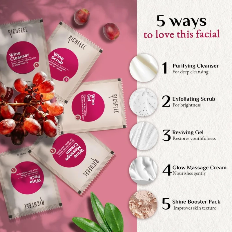 Richfeel Wine Facial Kit for Glowing Skin, Removes Wrinkle, Dark Spots, Reduces &amp; Hyperpigmentation | 30 g thumbnail 6